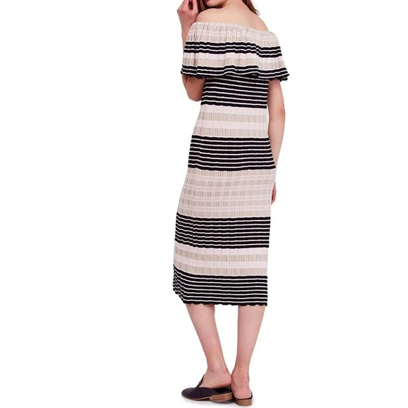 New Free People Womens Off Duty Off-Shoulder Dress, Pink black white stripe knit - Picture 4 of 10